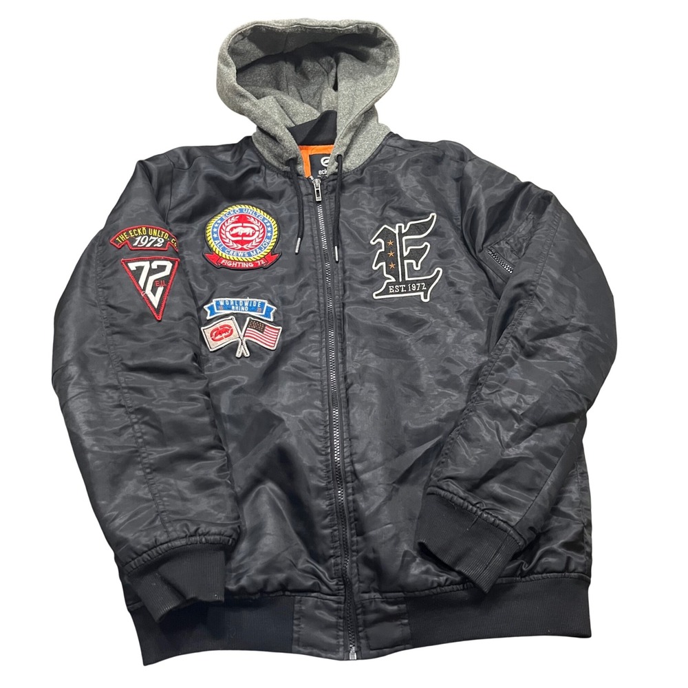 Ecko Unltd Mens Black Hooded Bomber Jacket Patches‎ Orange Lining Streetwear L